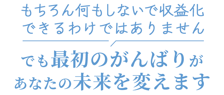 もちろん何もしないで収益化できるわけではありませんでも最初のがんばりがあなたの未来を変えます